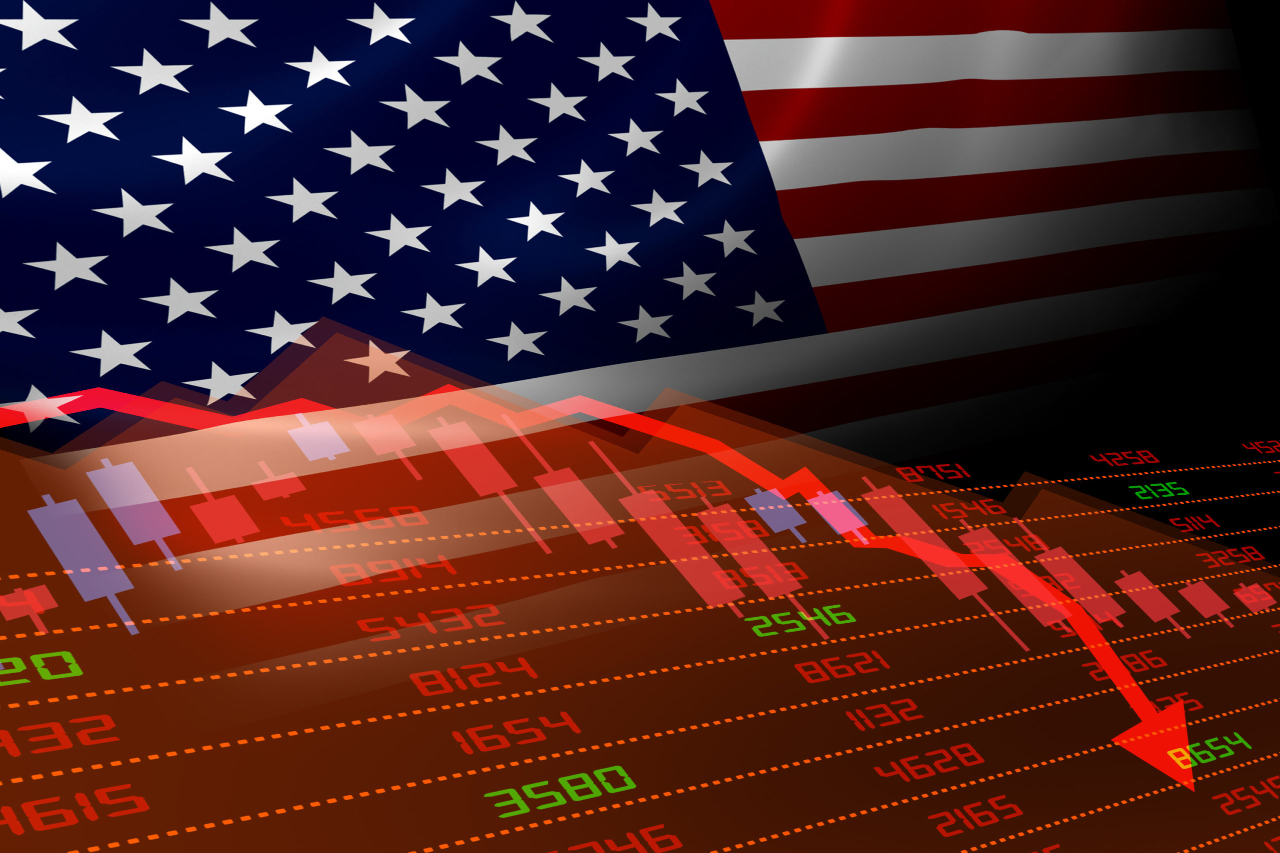 USA flag and US dollar chart in red reacting to US Inflation Boost Commodities