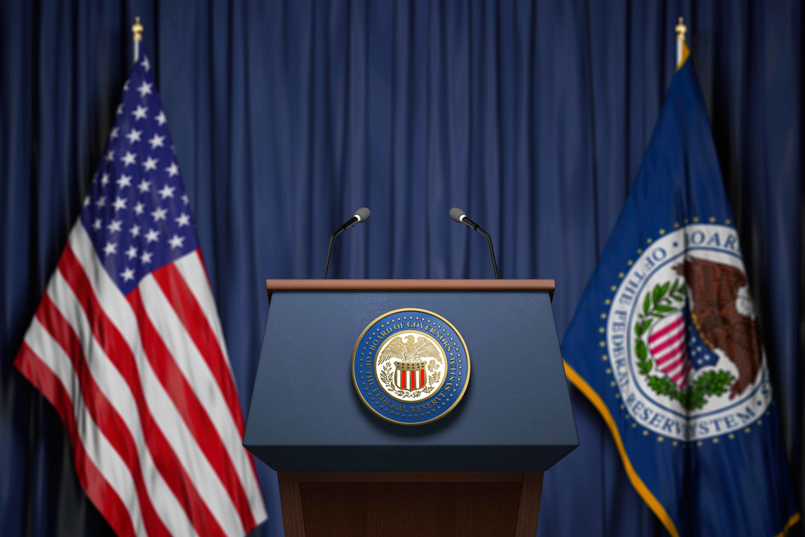Powell Speech Today showing flag of USA and logo of US Federal Reserve